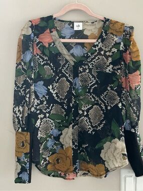 CAbi Black Floral & Snake-Print Button Front Blouse